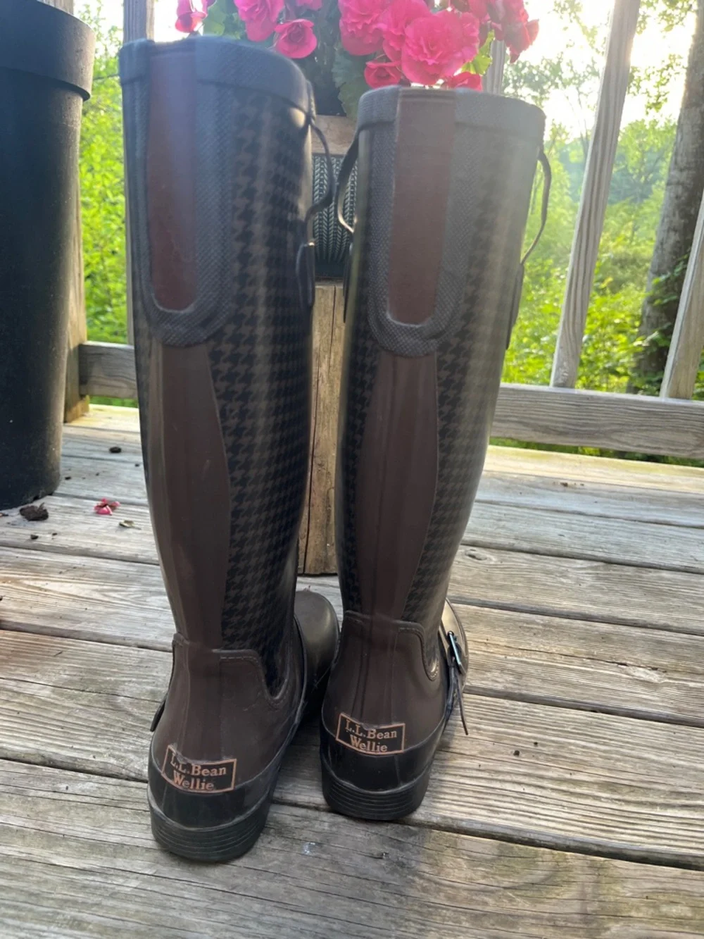 L.L.Bean Wellie Houndstooth Tall Rain Boots waterproof vulcanized rubber brown